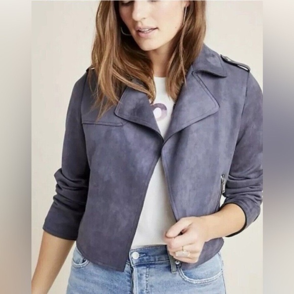 Anthropologie Expressway Moto Jacket Blue Gray Faux Suede Small